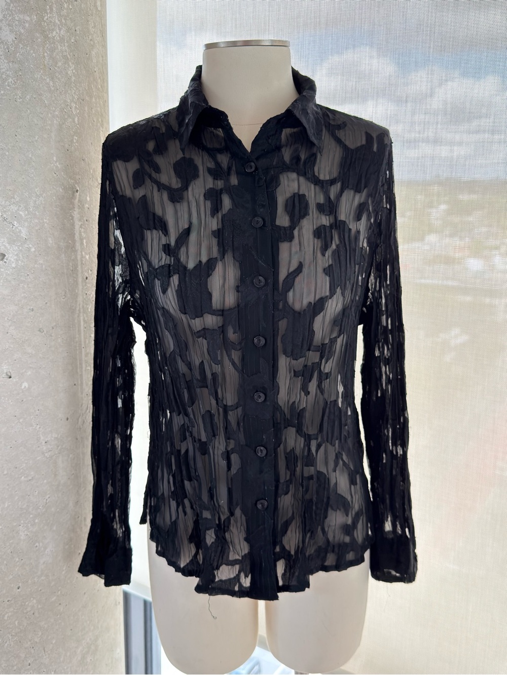 TanJay Black Sheer Textured Button-Down Blouse